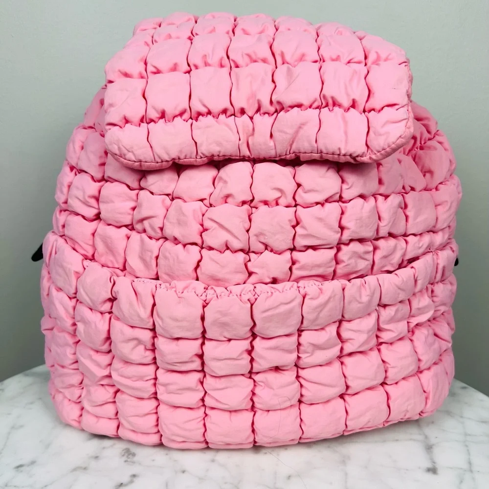 Malibu Hippie Pink Quilted Puffer Backpack – Drawstring Everyday Bag
